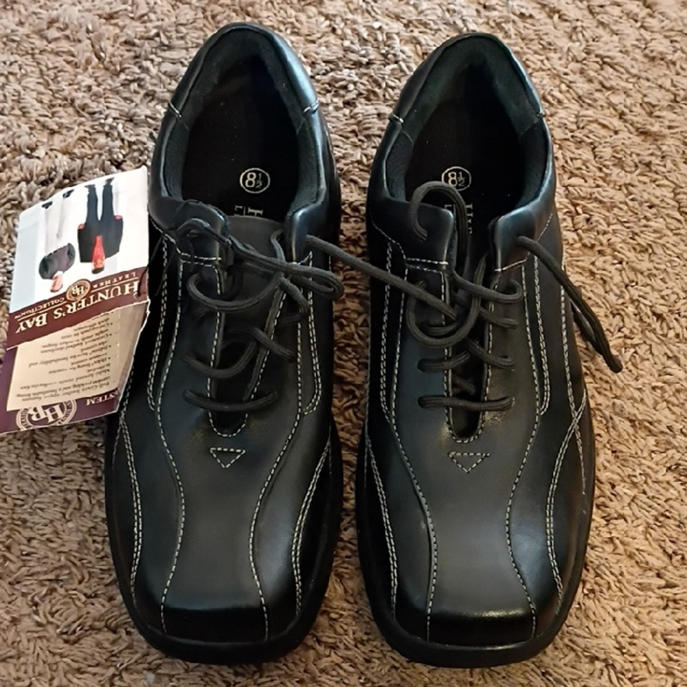 Hunter's Bay Men's Black Leather Shoes Size 8 1/2 New Bowling? Golf?